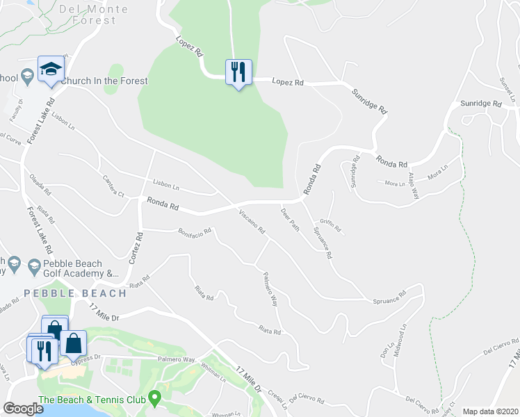 map of restaurants, bars, coffee shops, grocery stores, and more near 3974 Ronda Road in Del Monte Forest