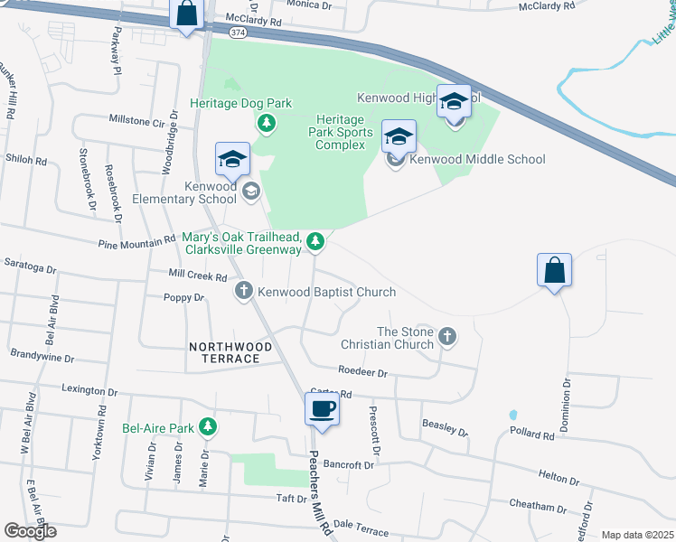 map of restaurants, bars, coffee shops, grocery stores, and more near 354 Broadmore Drive in Clarksville
