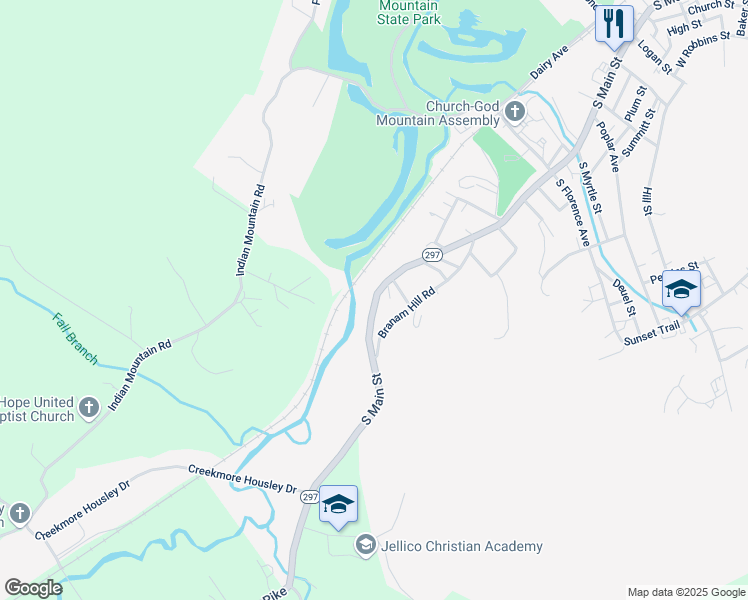 map of restaurants, bars, coffee shops, grocery stores, and more near 1833 South Main Street in Jellico