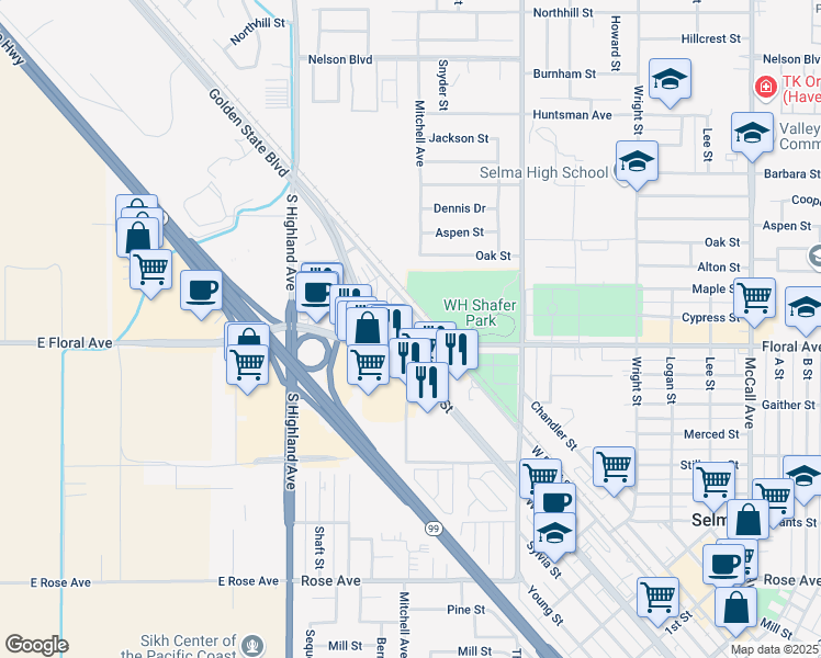 map of restaurants, bars, coffee shops, grocery stores, and more near 2955 West Front Street in Selma