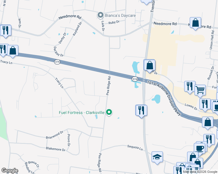 map of restaurants, bars, coffee shops, grocery stores, and more near 2275 Trenton Road in Clarksville