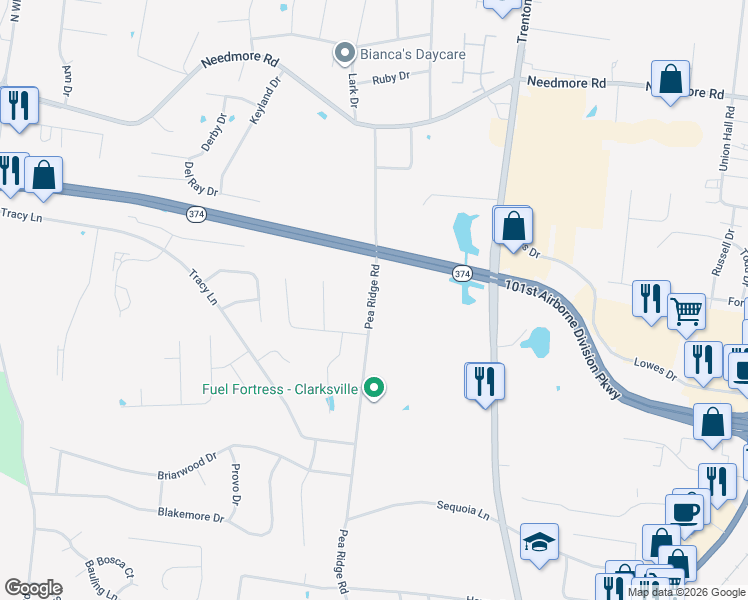 map of restaurants, bars, coffee shops, grocery stores, and more near 2275 Trenton Road in Clarksville