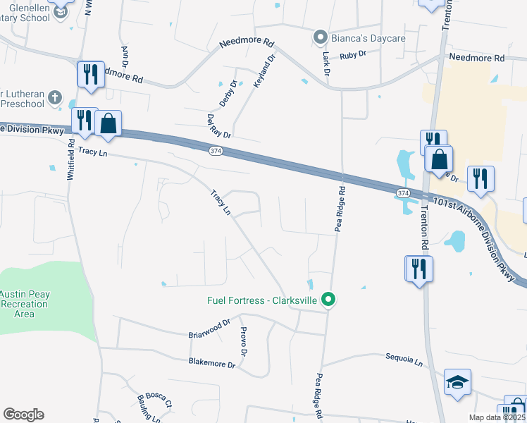 map of restaurants, bars, coffee shops, grocery stores, and more near 776 Cherrybark Lane in Clarksville