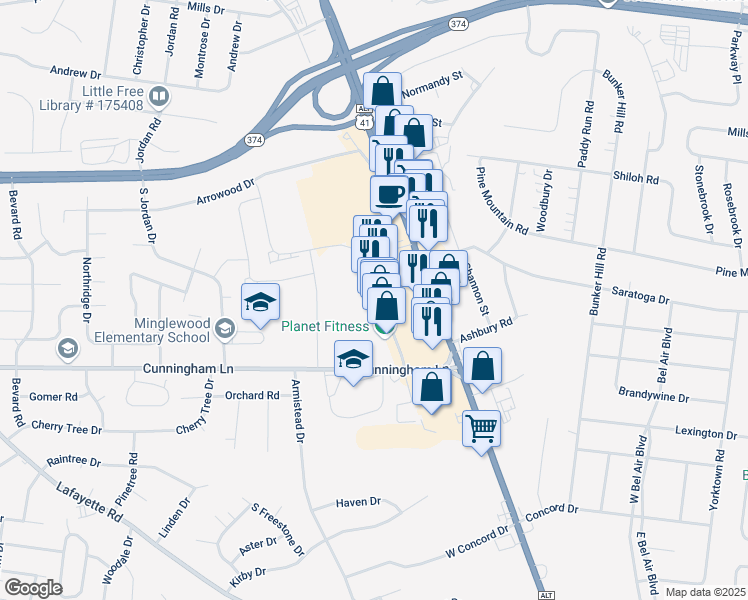 map of restaurants, bars, coffee shops, grocery stores, and more near 1628 Fort Campbell Boulevard in Clarksville