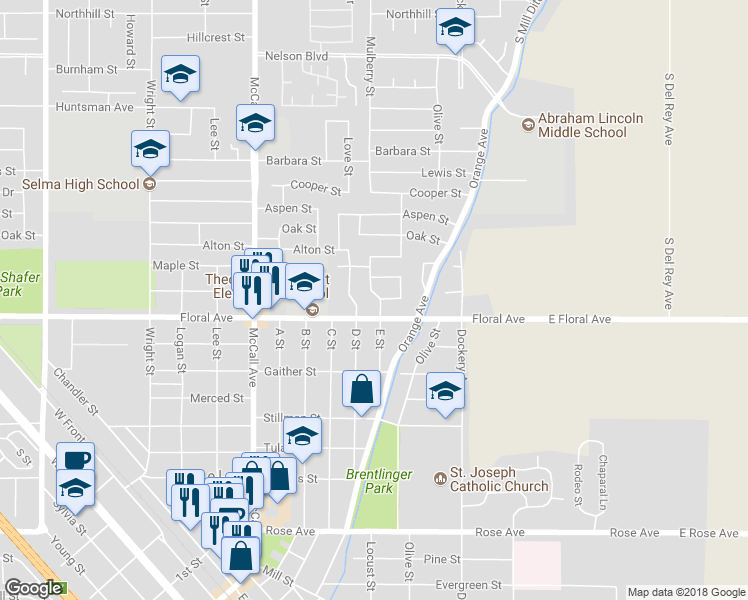 map of restaurants, bars, coffee shops, grocery stores, and more near 2915 E Street in Selma