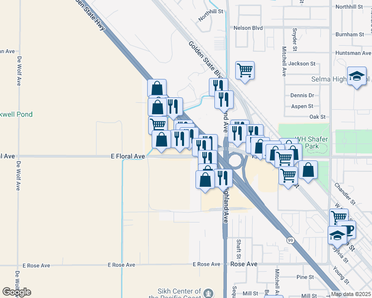 map of restaurants, bars, coffee shops, grocery stores, and more near 3120 East Floral Avenue in Selma
