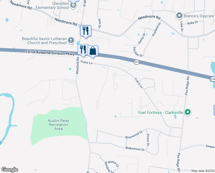 map of restaurants, bars, coffee shops, grocery stores, and more near 2272 McCormick Lane in Clarksville