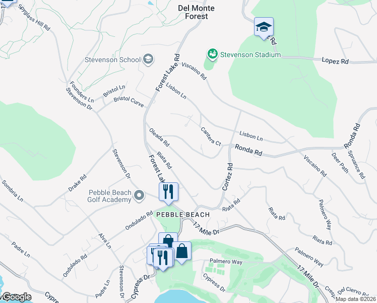 map of restaurants, bars, coffee shops, grocery stores, and more near 3892 Ronda Road in Del Monte Forest