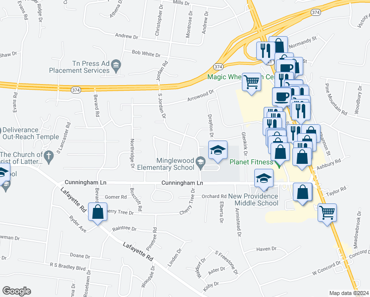 map of restaurants, bars, coffee shops, grocery stores, and more near 305 Windrush Drive in Clarksville