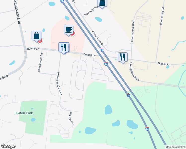 map of restaurants, bars, coffee shops, grocery stores, and more near 160 Alexander Boulevard in Clarksville