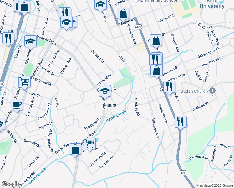 map of restaurants, bars, coffee shops, grocery stores, and more near 1301 Columbia Road in Bristol