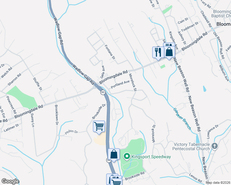 map of restaurants, bars, coffee shops, grocery stores, and more near 2306 Portland Avenue in Kingsport
