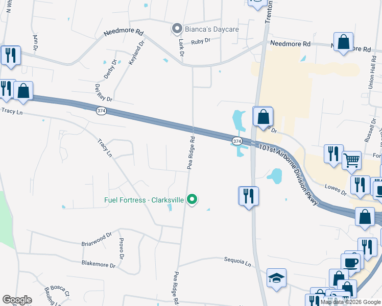 map of restaurants, bars, coffee shops, grocery stores, and more near 2598 Pea Ridge Road in Clarksville