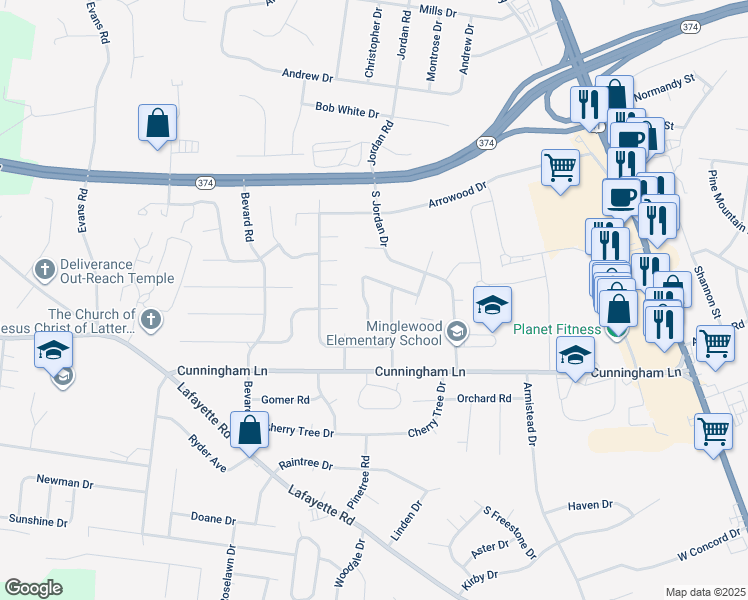 map of restaurants, bars, coffee shops, grocery stores, and more near 367 Peabody Drive in Clarksville