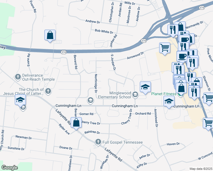 map of restaurants, bars, coffee shops, grocery stores, and more near 367 Peabody Drive in Clarksville