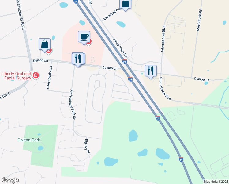 map of restaurants, bars, coffee shops, grocery stores, and more near 160 Alexander Boulevard in Clarksville