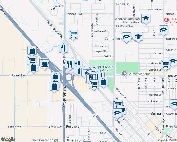 map of restaurants, bars, coffee shops, grocery stores, and more near 2936 Whitson Street in Selma