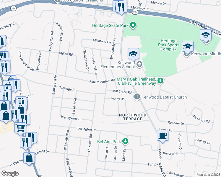 map of restaurants, bars, coffee shops, grocery stores, and more near 1158 Woodbridge Drive in Clarksville