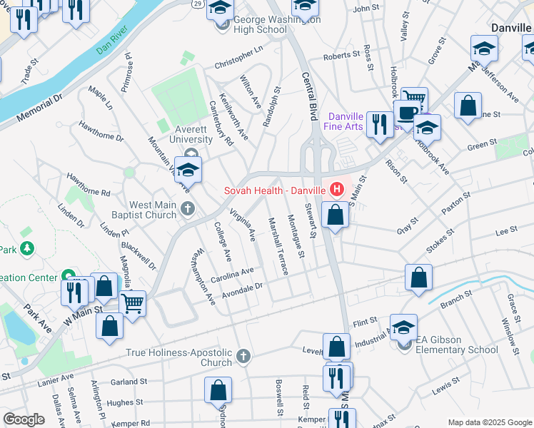 map of restaurants, bars, coffee shops, grocery stores, and more near 126 Marshall Terrace in Danville