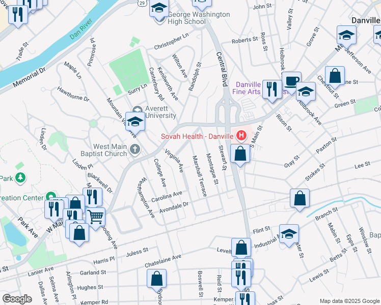 map of restaurants, bars, coffee shops, grocery stores, and more near 207 Mount Vernon Avenue in Danville