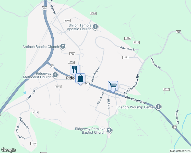map of restaurants, bars, coffee shops, grocery stores, and more near 818 Vista View Lane in Ridgeway
