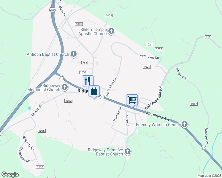 map of restaurants, bars, coffee shops, grocery stores, and more near 818 Vista View Lane in Ridgeway