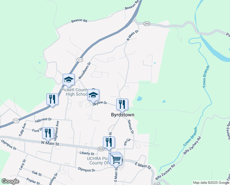 map of restaurants, bars, coffee shops, grocery stores, and more near 525 North Main Street in Byrdstown