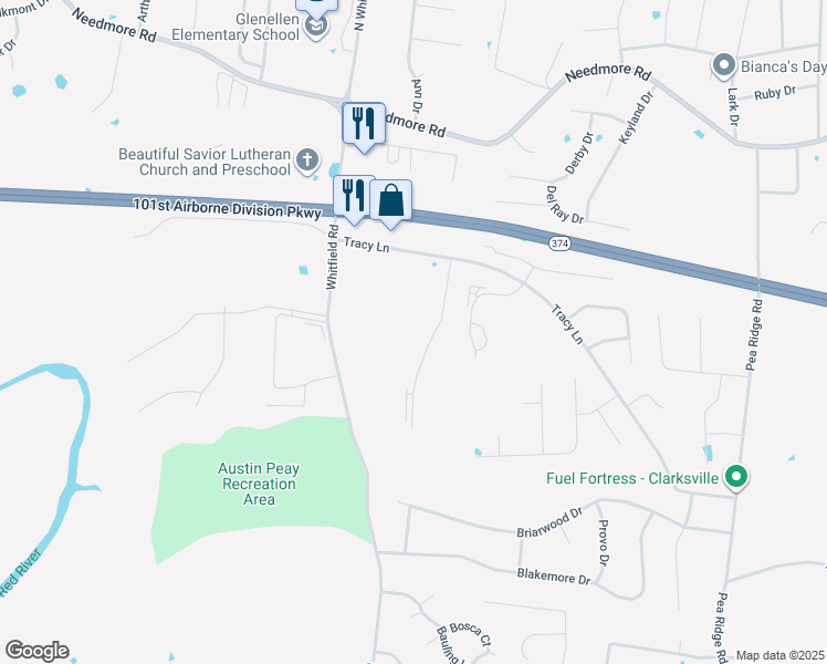 map of restaurants, bars, coffee shops, grocery stores, and more near 2268 McCormick Lane in Clarksville