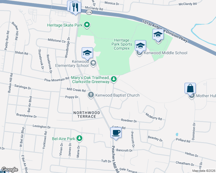 map of restaurants, bars, coffee shops, grocery stores, and more near 1051 Angela Drive in Clarksville