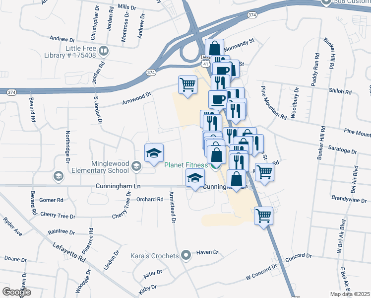 map of restaurants, bars, coffee shops, grocery stores, and more near Quin Ln in Clarksville