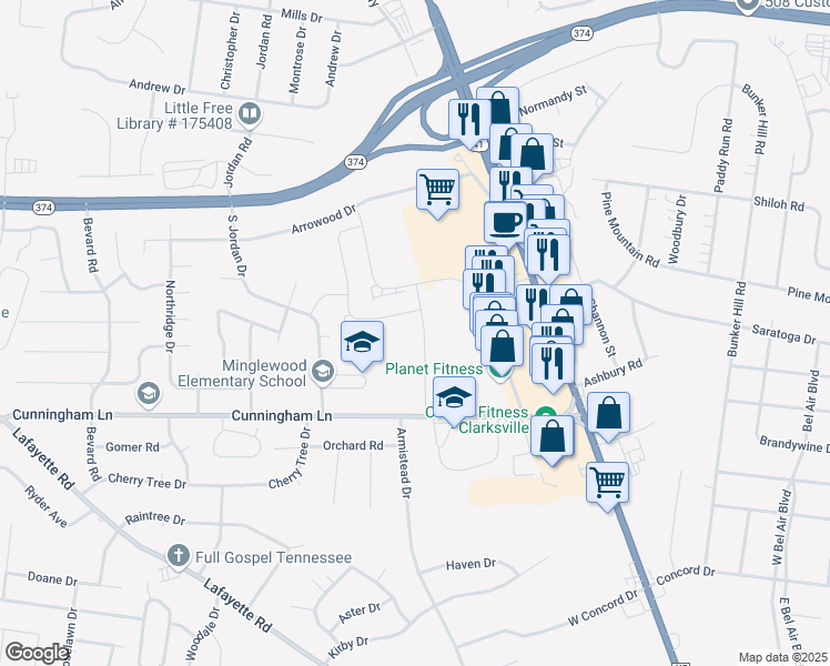 map of restaurants, bars, coffee shops, grocery stores, and more near 1650 Cunningham Lane in Clarksville