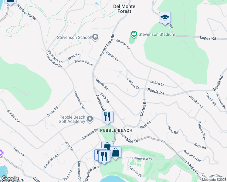 map of restaurants, bars, coffee shops, grocery stores, and more near 3892 Ronda Road in Del Monte Forest