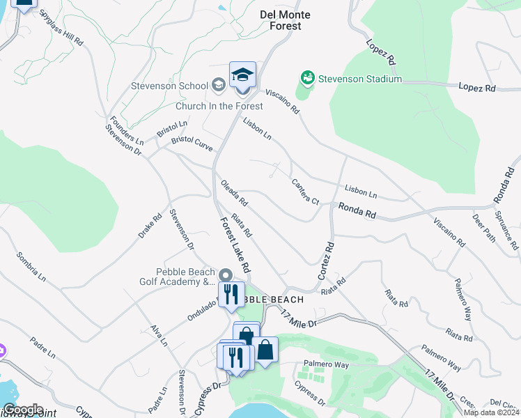 map of restaurants, bars, coffee shops, grocery stores, and more near 1425 Oleada Road in Del Monte Forest