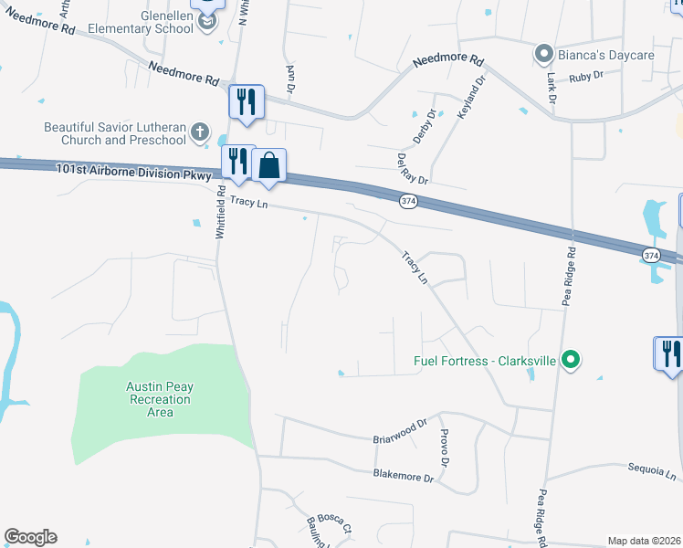 map of restaurants, bars, coffee shops, grocery stores, and more near 2272 McCormick Lane in Clarksville