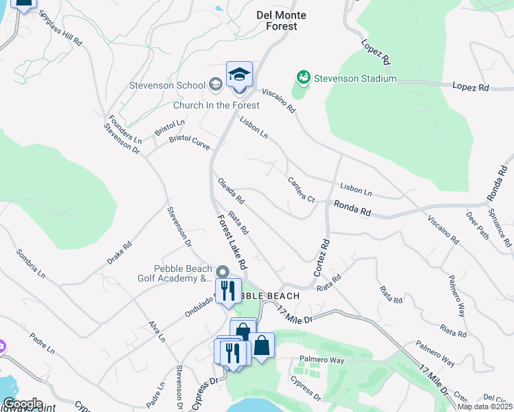map of restaurants, bars, coffee shops, grocery stores, and more near 1425 Oleada Road in Del Monte Forest