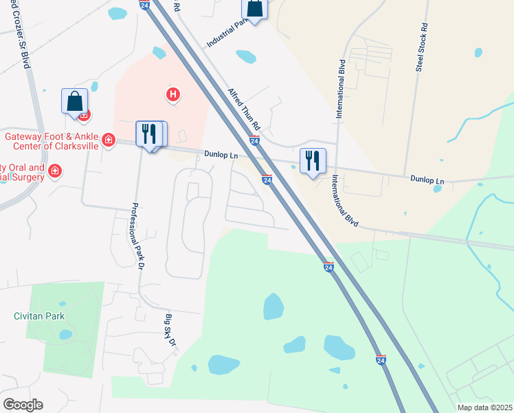map of restaurants, bars, coffee shops, grocery stores, and more near 341 Sam Houston Circle in Clarksville
