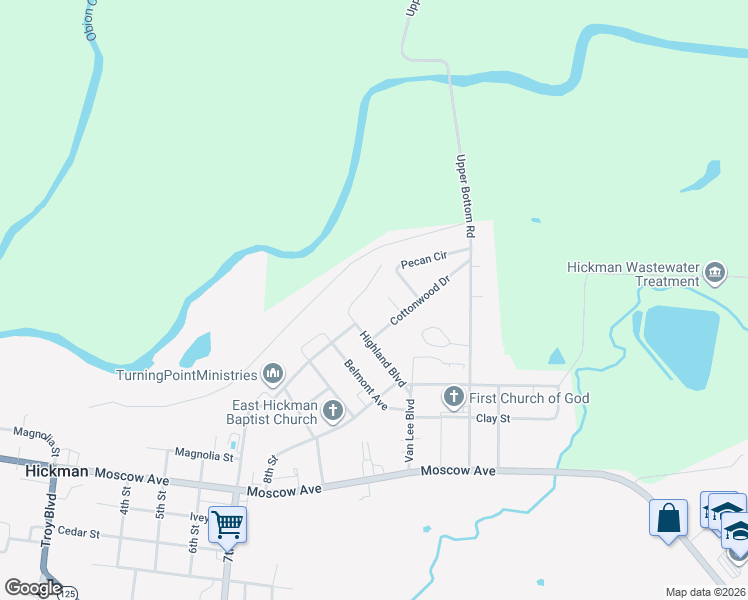 map of restaurants, bars, coffee shops, grocery stores, and more near River Rd in Hickman