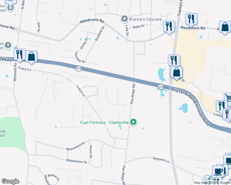 map of restaurants, bars, coffee shops, grocery stores, and more near 2598 Pea Ridge Road in Clarksville