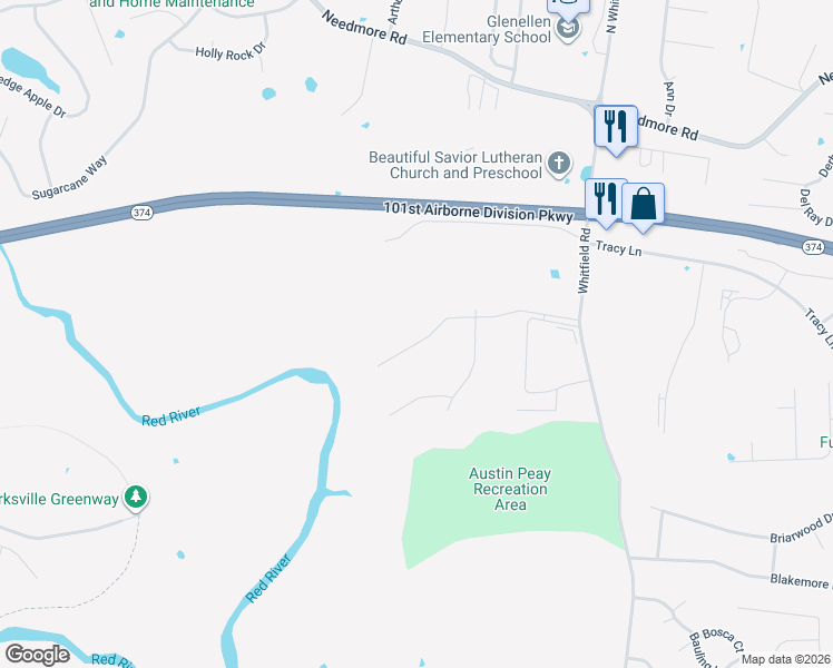 map of restaurants, bars, coffee shops, grocery stores, and more near 2502 Whitfield Road in Clarksville