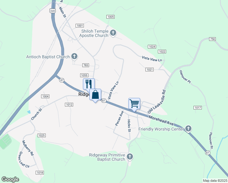 map of restaurants, bars, coffee shops, grocery stores, and more near 818 Vista View Lane in Ridgeway