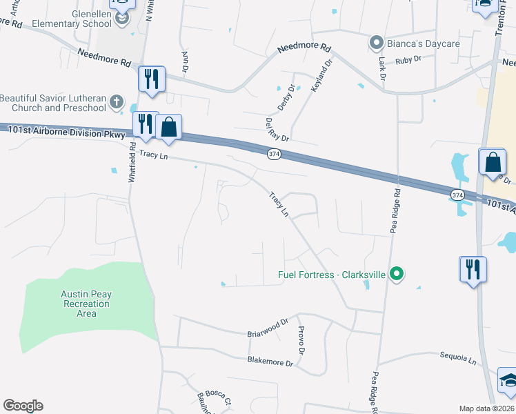 map of restaurants, bars, coffee shops, grocery stores, and more near 760 Tracy Lane in Clarksville