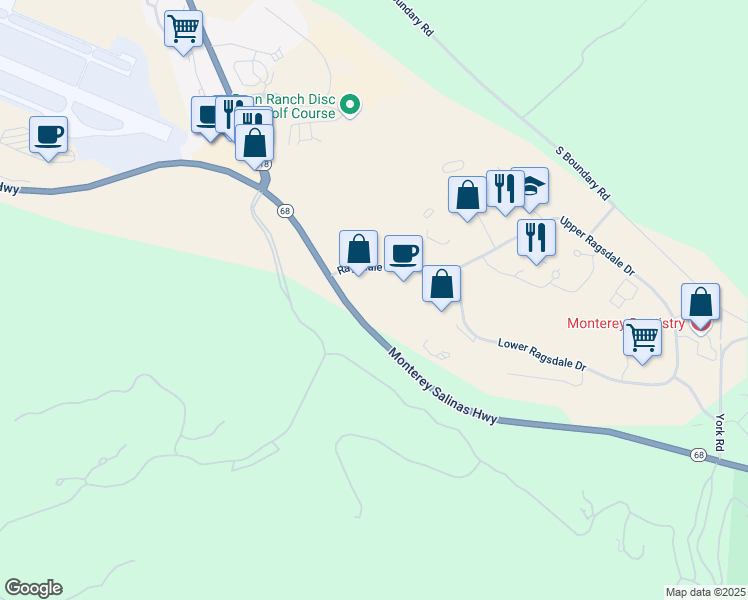 map of restaurants, bars, coffee shops, grocery stores, and more near 20 Ragsdale Drive in Monterey