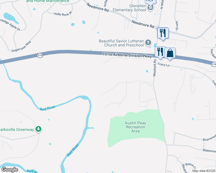 map of restaurants, bars, coffee shops, grocery stores, and more near 2502 Whitfield Road in Clarksville