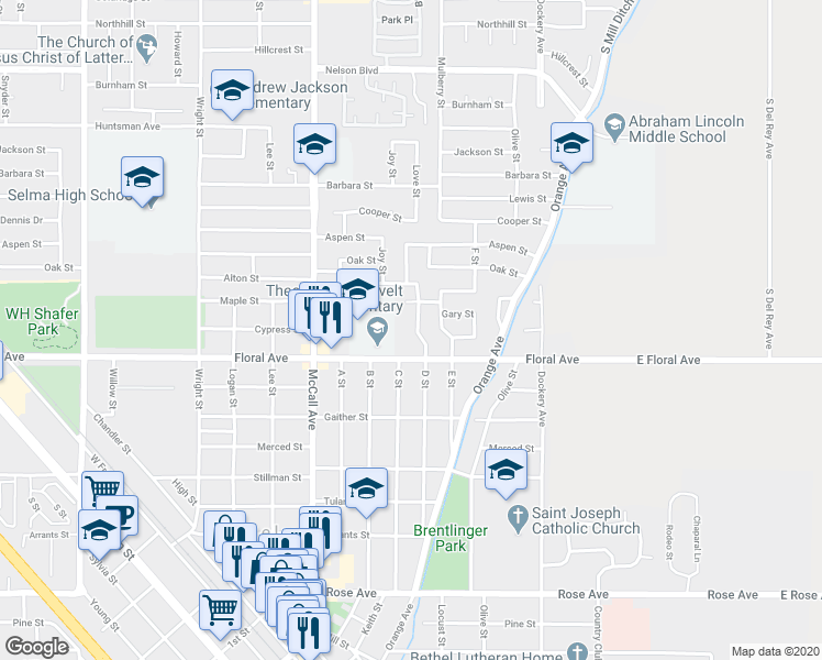 map of restaurants, bars, coffee shops, grocery stores, and more near 2945 D Street in Selma