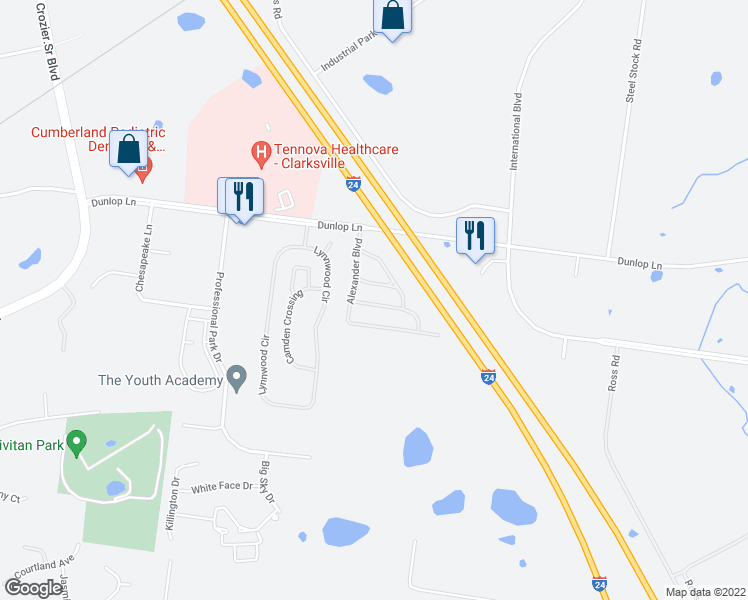 map of restaurants, bars, coffee shops, grocery stores, and more near 315 Sam Houston Circle in Clarksville