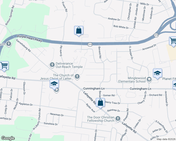 map of restaurants, bars, coffee shops, grocery stores, and more near 327 Lancaster Road in Clarksville