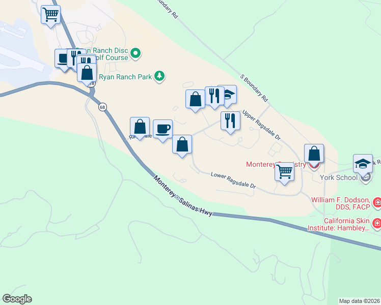 map of restaurants, bars, coffee shops, grocery stores, and more near 12 Lower Ragsdale Drive in Monterey