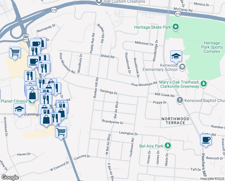 map of restaurants, bars, coffee shops, grocery stores, and more near 119 Saratoga Drive in Clarksville