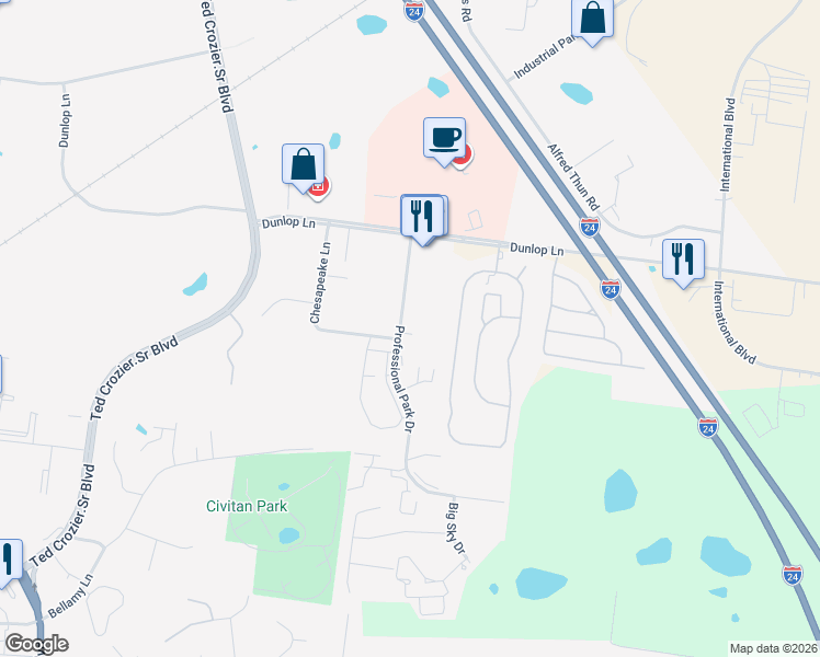 map of restaurants, bars, coffee shops, grocery stores, and more near 961 Professional Park Drive in Clarksville