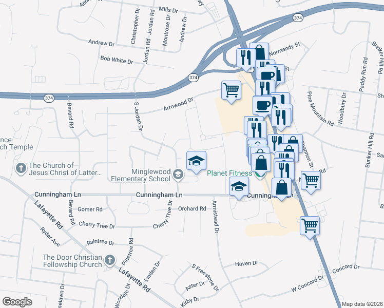 map of restaurants, bars, coffee shops, grocery stores, and more near 356 Panorama Drive in Clarksville